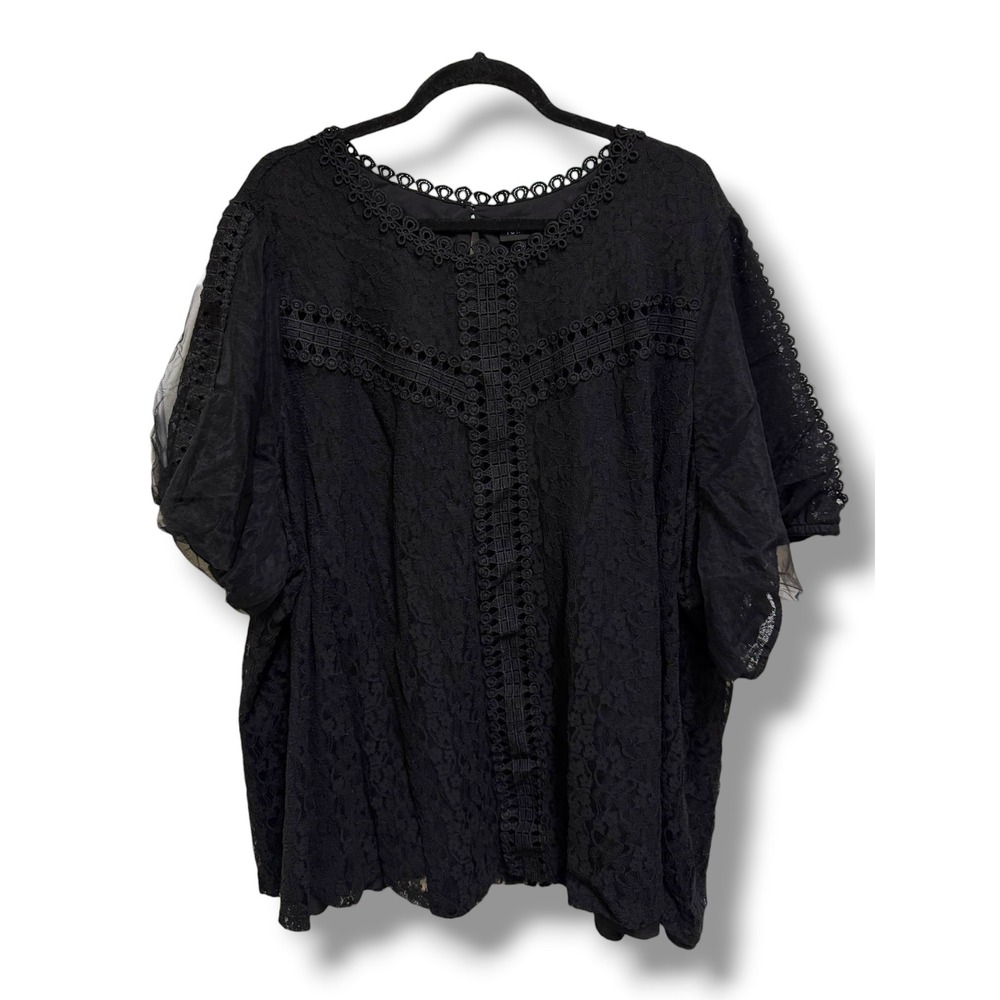 Torrid Black Lace Short Puff Sleeve Crochet Trim Blouse Top Plus Size 5 5X NEW - Picture 8 of 14